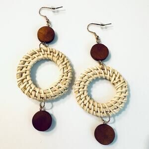 Woven Raffia with Wood Circle Drop Earrings